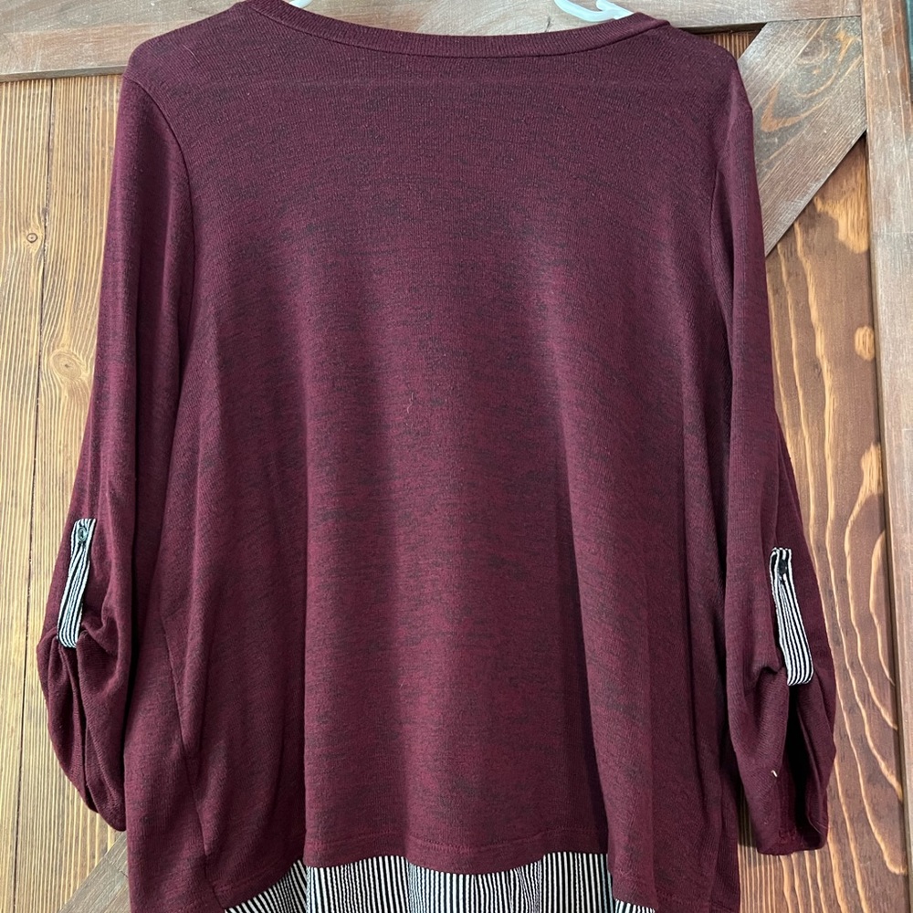 Burgundy sweater/ striped blouse combo shirt